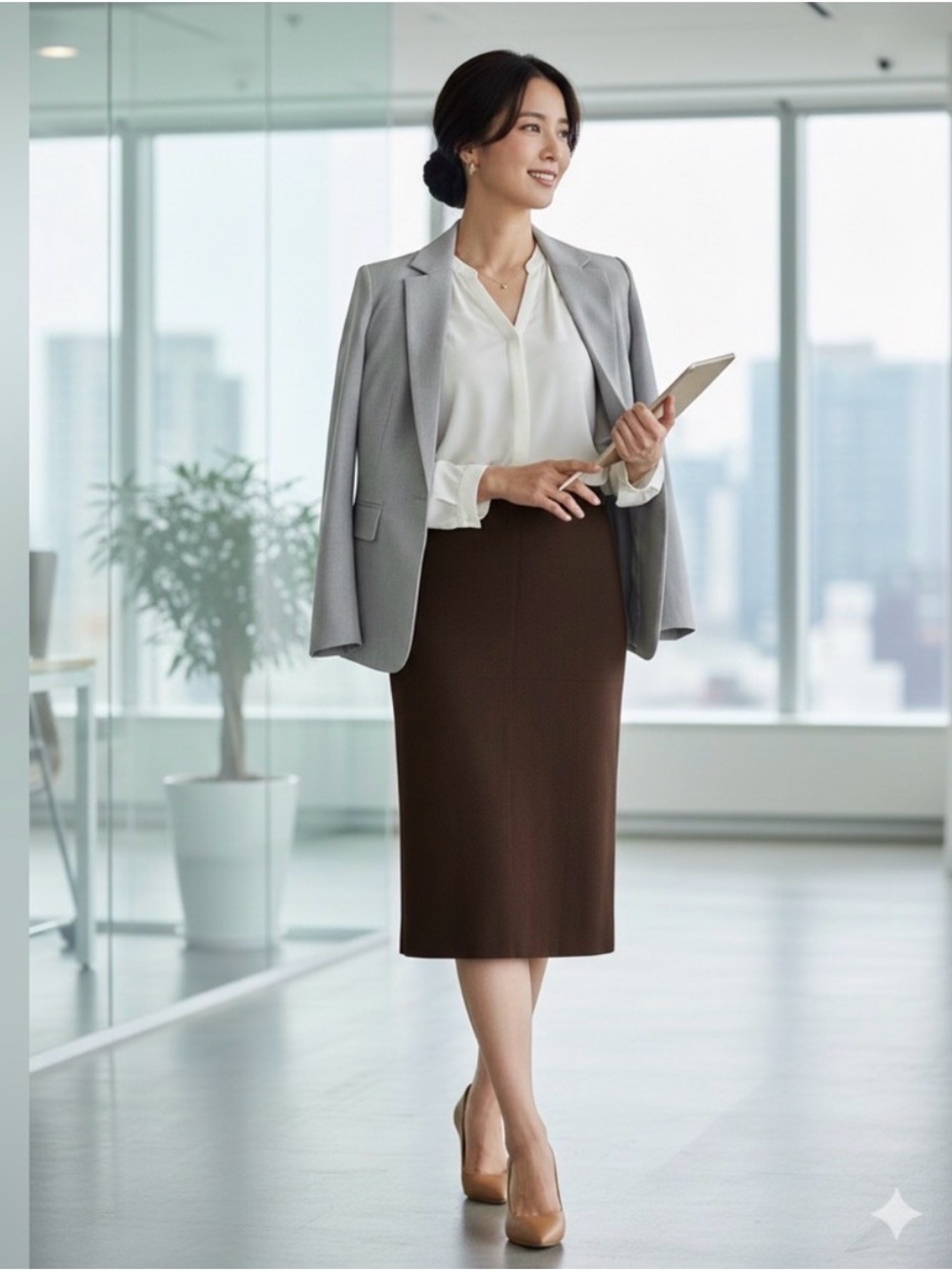 Rachel Zoe Brown Pencil Skirt Small Taupe Elastic Waist Midi Straight Tailored